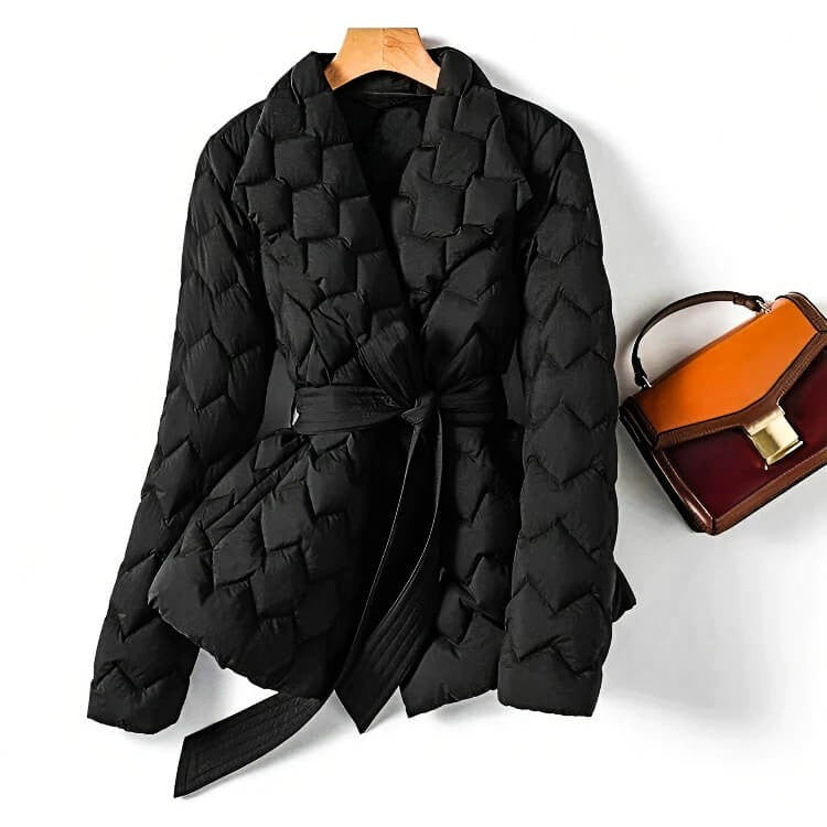 Women's black quilted belted puffer coat with structured silhouette and adjustable waist belt