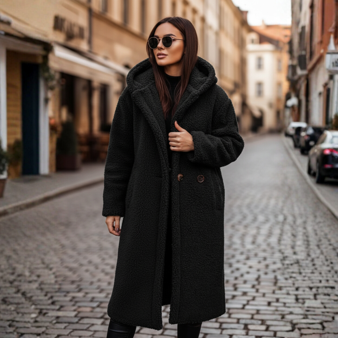 Women's hooded faux fur jacket warm elegant winter outerwear with front button closure