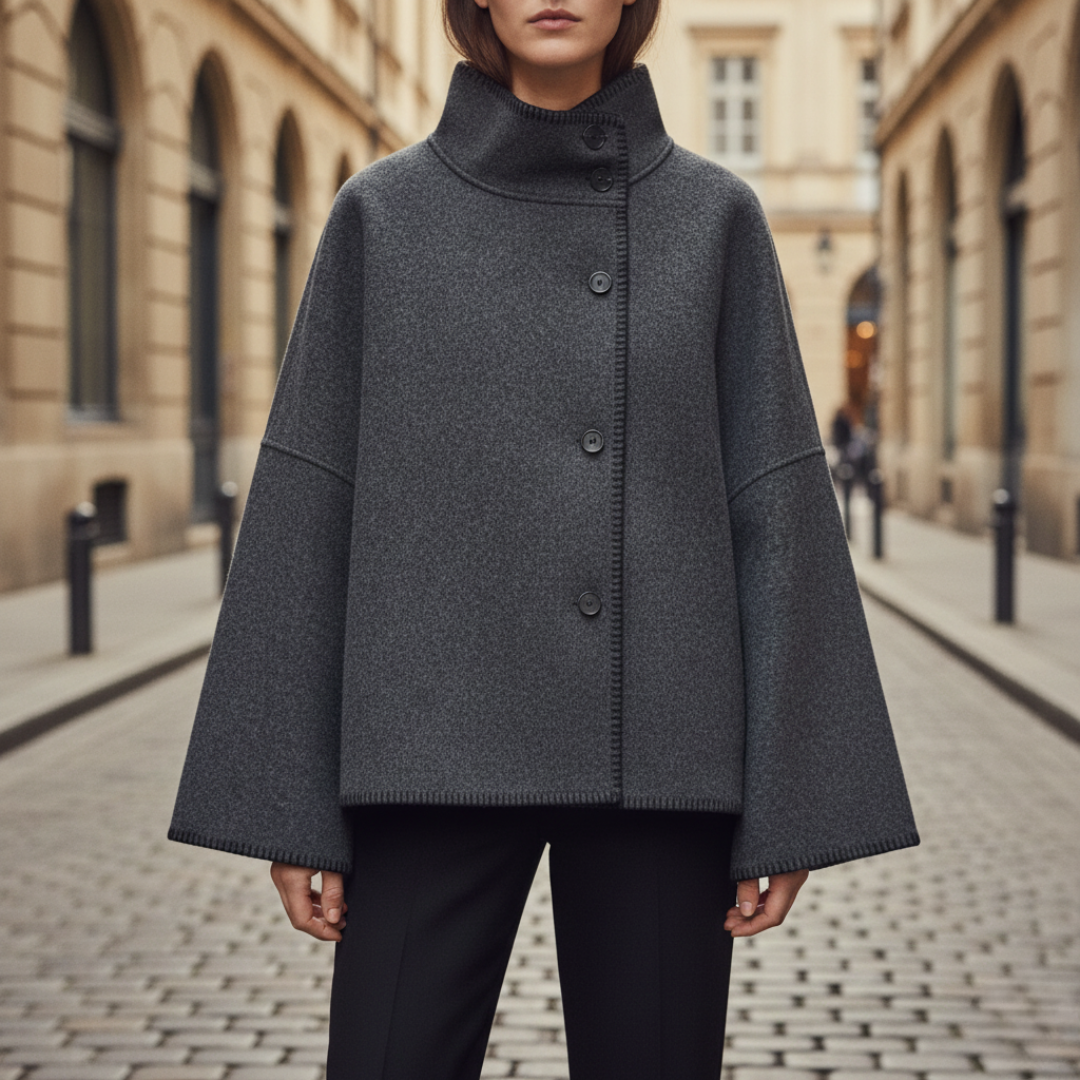 Beige oversized women's coat structured silhouette high collar button closure layering essential