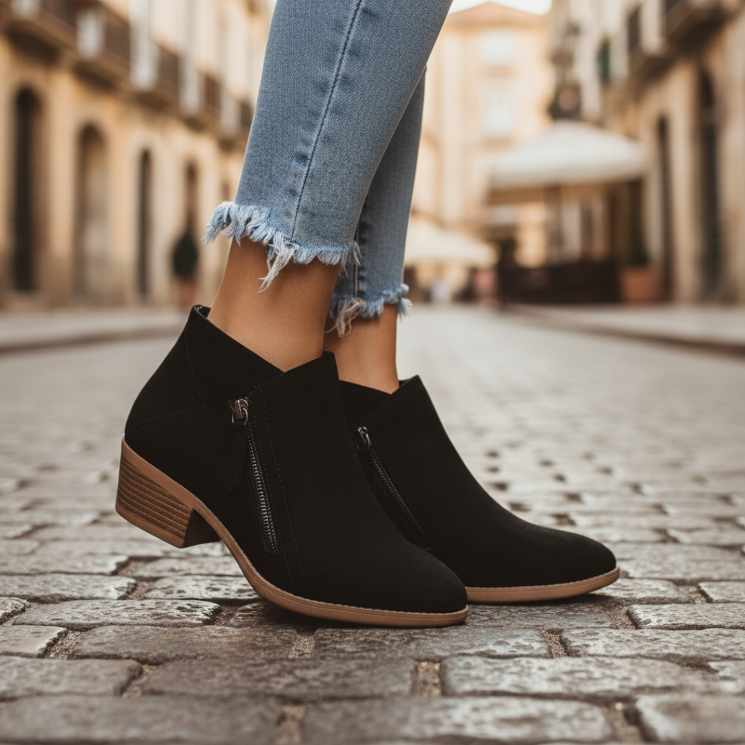 Beige women ankle boots with side zip closure and comfortable stable heel for all-day wear