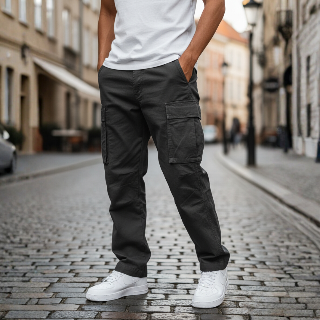 Men's black cargo pants relaxed fit with multiple utility pockets for everyday outdoor wear