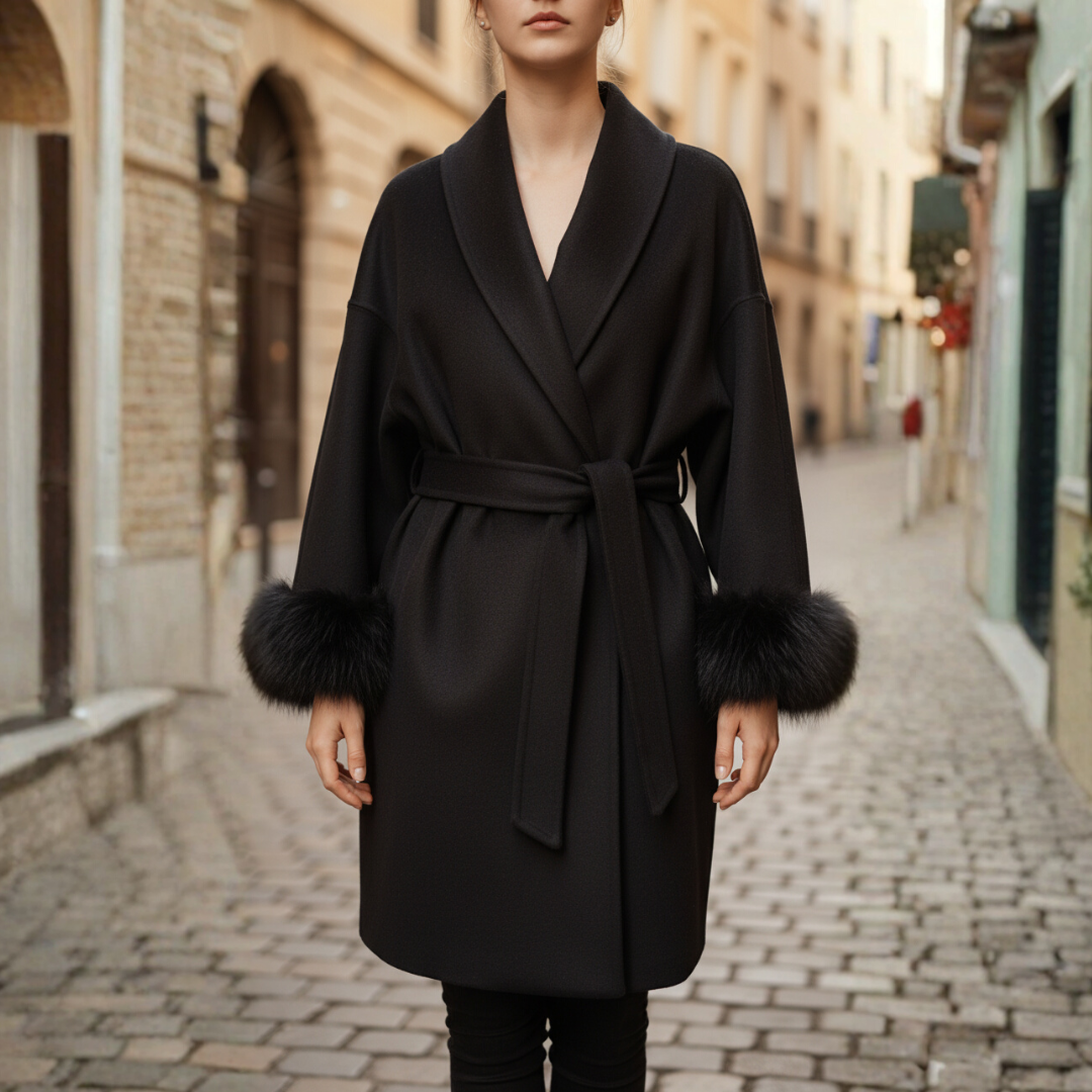 Women's short faux fur belted coat elegant winter style available in multiple colors