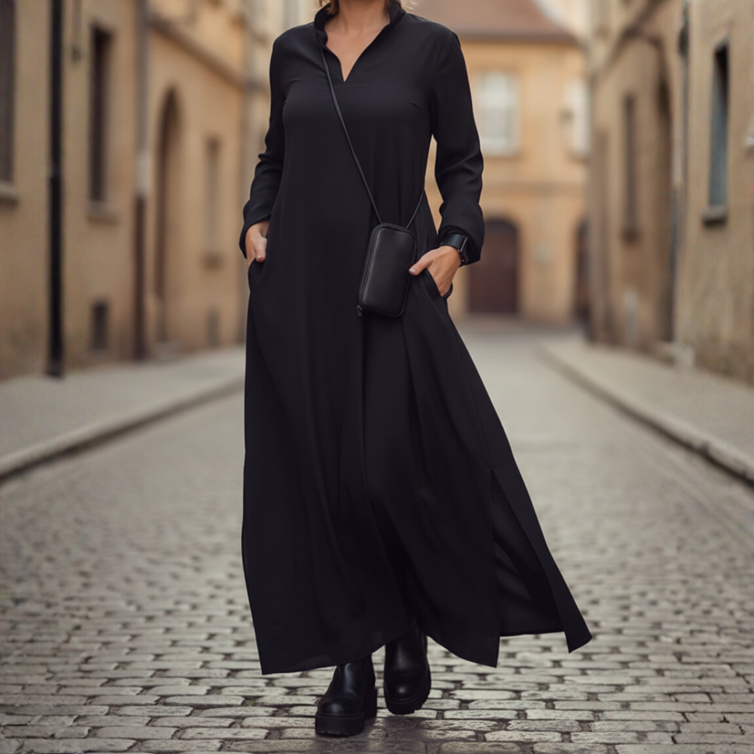 Women's long high neck casual dress in black with relaxed fit and convenient side pockets