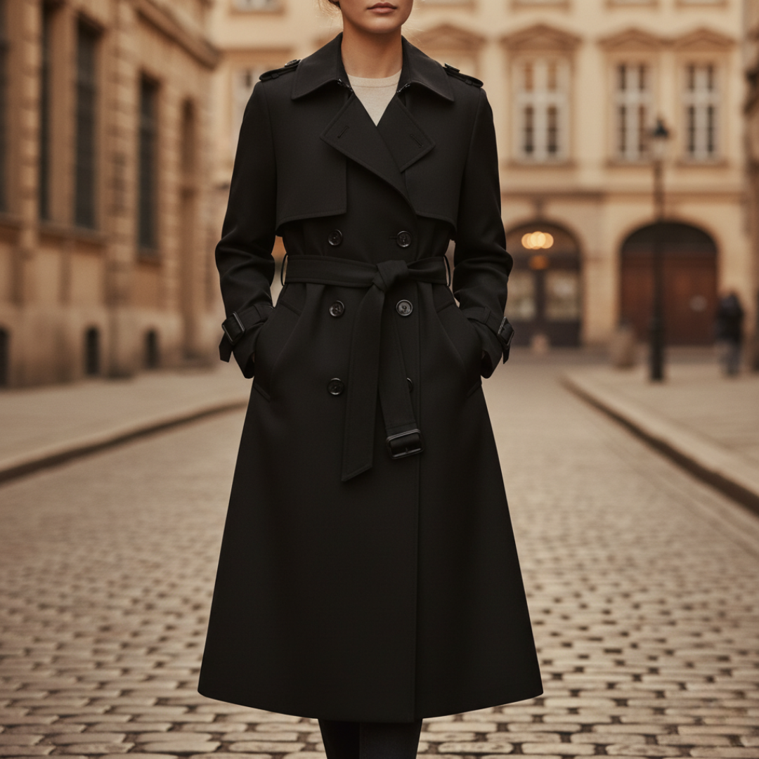 Women's double-breasted trench coat with adjustable belt in beige classic tailored silhouette