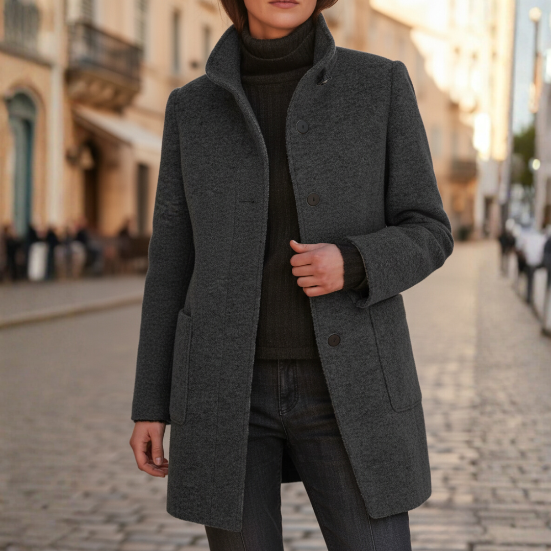 Women's hooded winter jacket in elegant city style with built-in hood for warmth and wind protection
