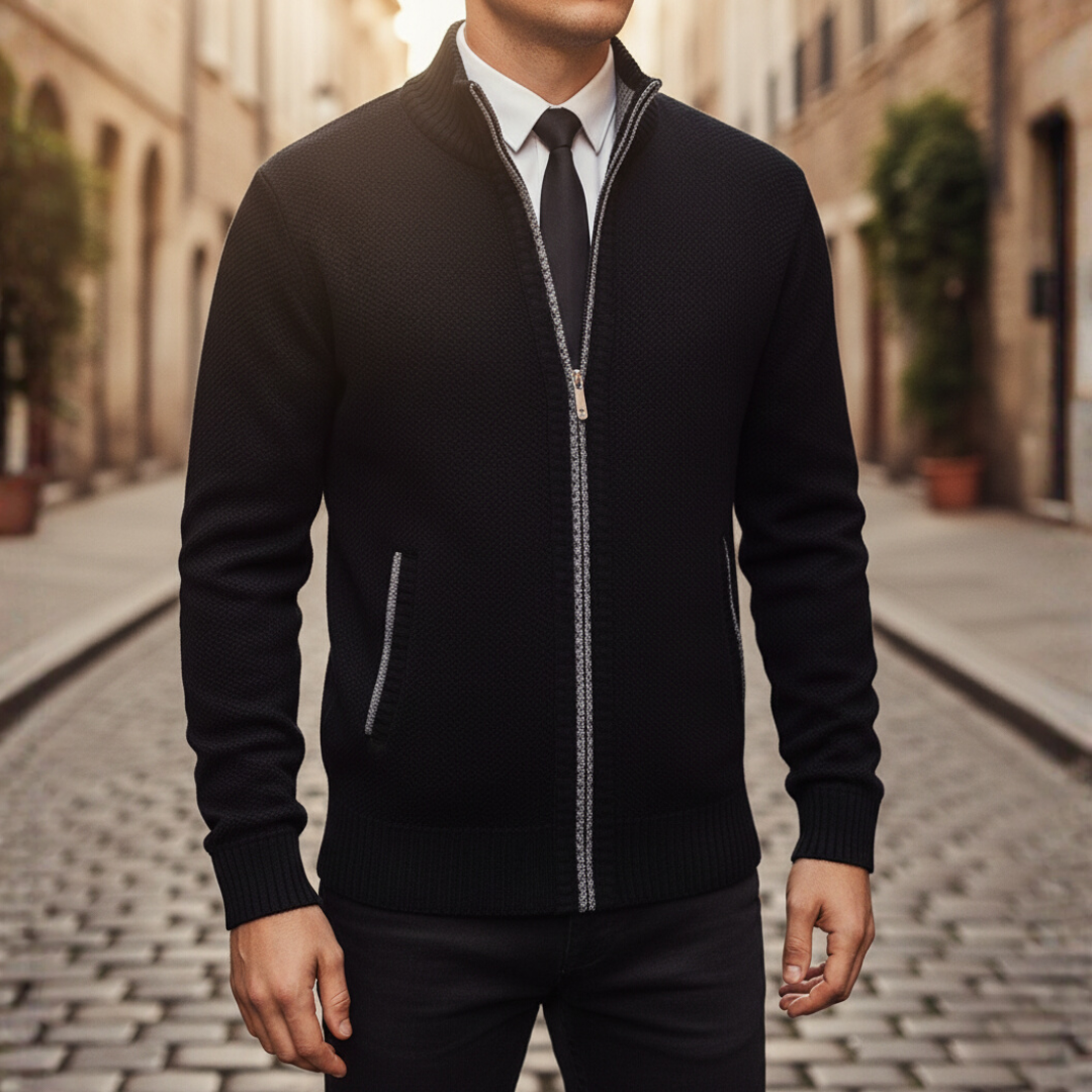 Men's zip-up sweater in black soft fabric, relaxed casual fit with full front zipper closure