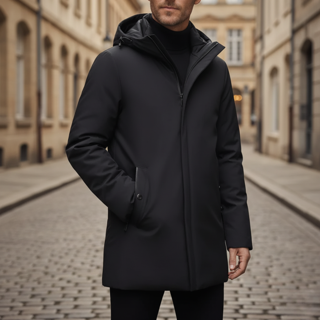 Men's black insulated winter parka jacket with hood, mixed fabric, urban outdoor cold weather style