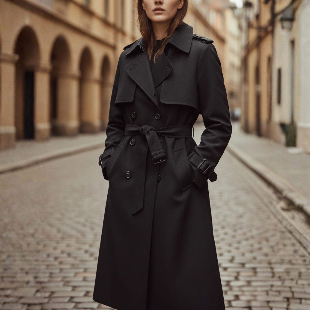 Women's beige double-breasted trench coat with wide collar, belted waist, and long structured silhouette