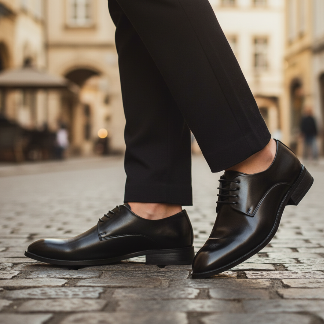 Men's black and brown synthetic leather derby shoes with closed laces for office and formal wear
