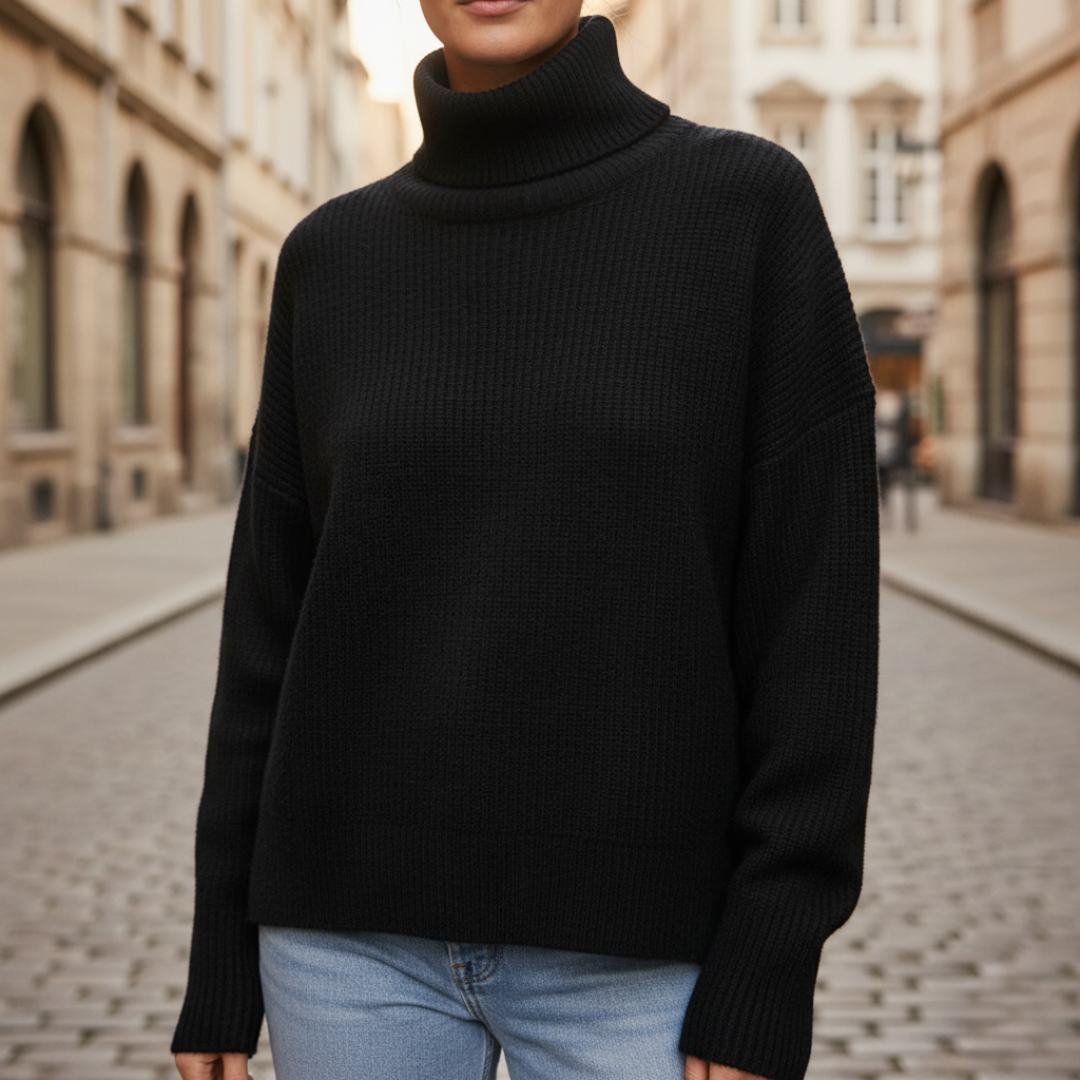 Women's cozy knit turtleneck sweater relaxed wide-fit silhouette for casual elegant all-season layering
