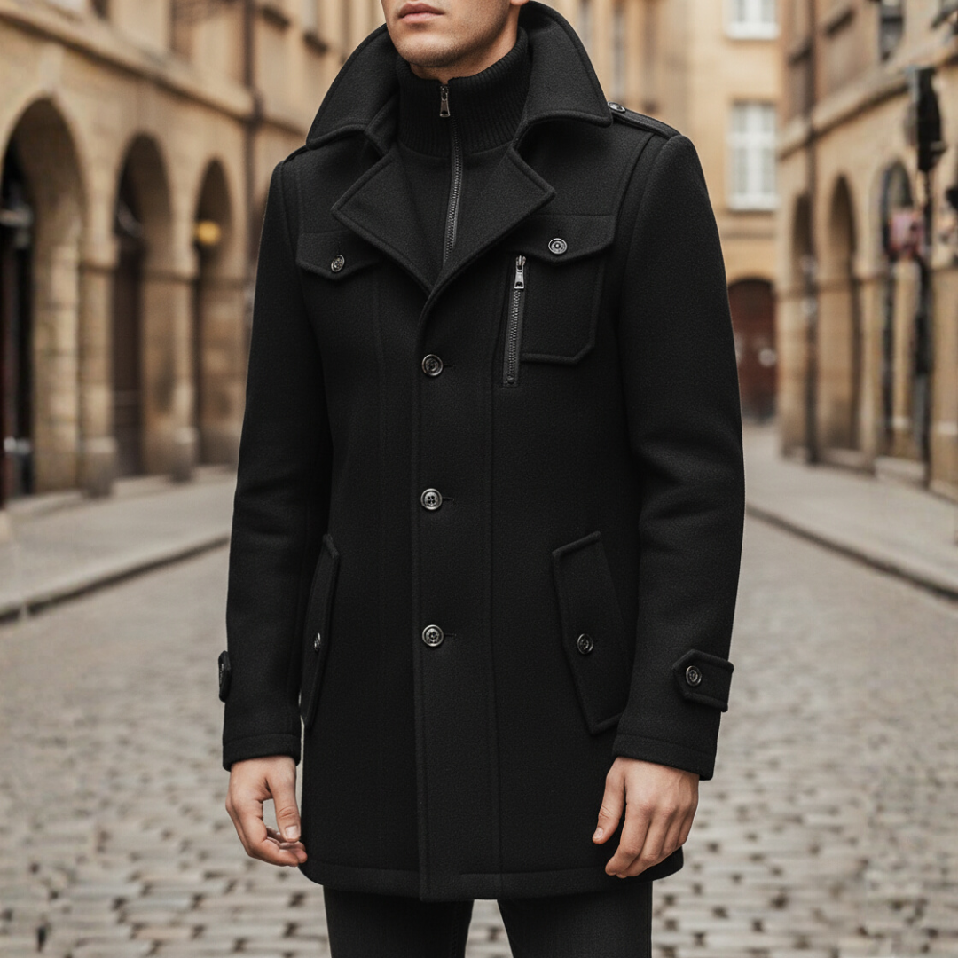 Men's black winter coat button closure zipper pockets warm durable formal casual outerwear
