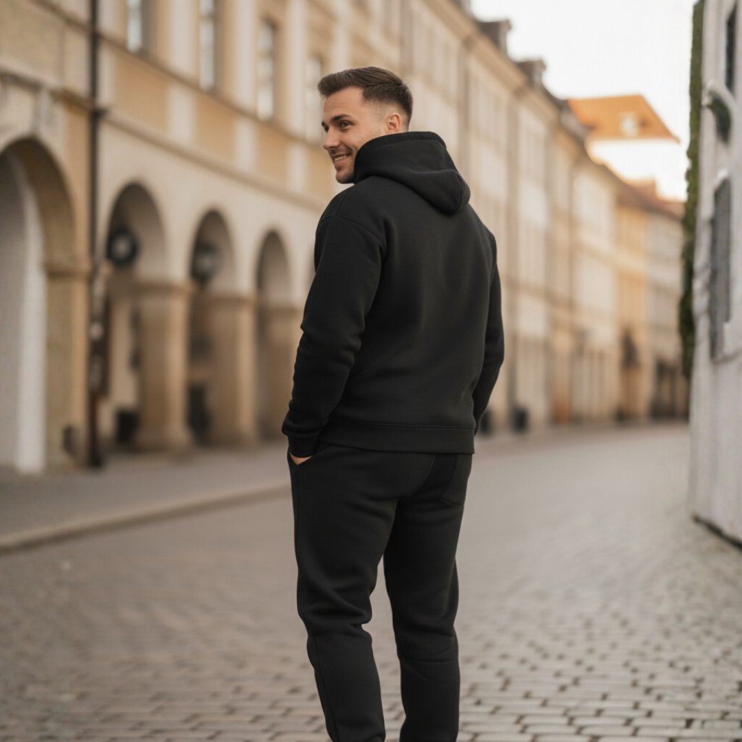 Men's gray fleece hooded jumpsuit cozy soft one-piece leisurewear for home and outdoor