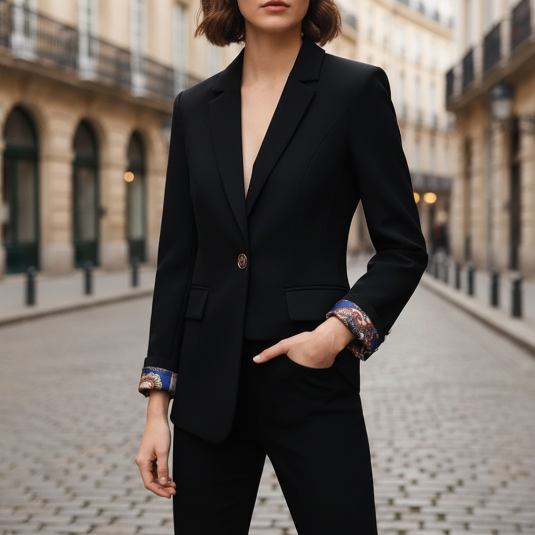 Women's elegant blazer beige or black classic cut with decorative button sleeve detailing professional style