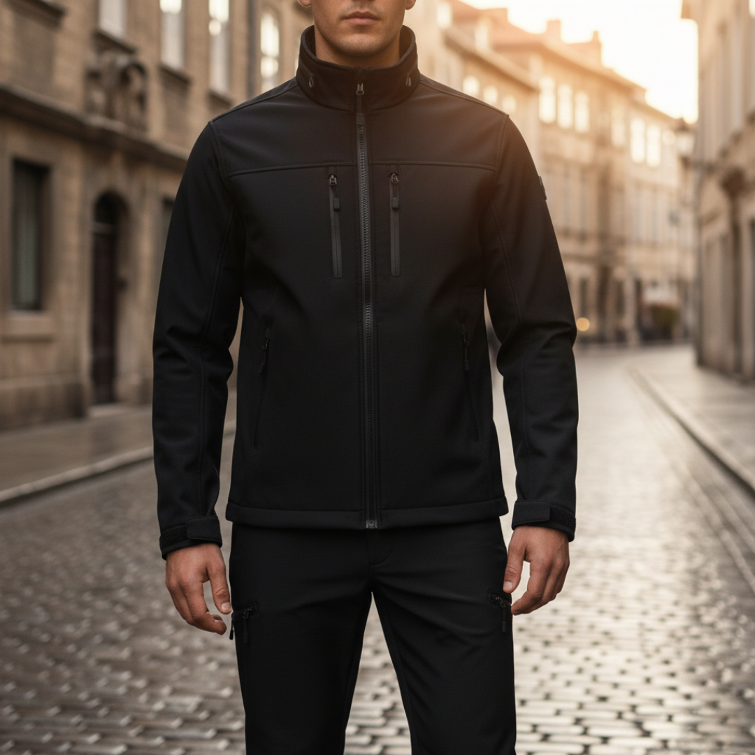 Men's gray windproof softshell jacket and pants set, slim athletic cut with weather-resistant protection