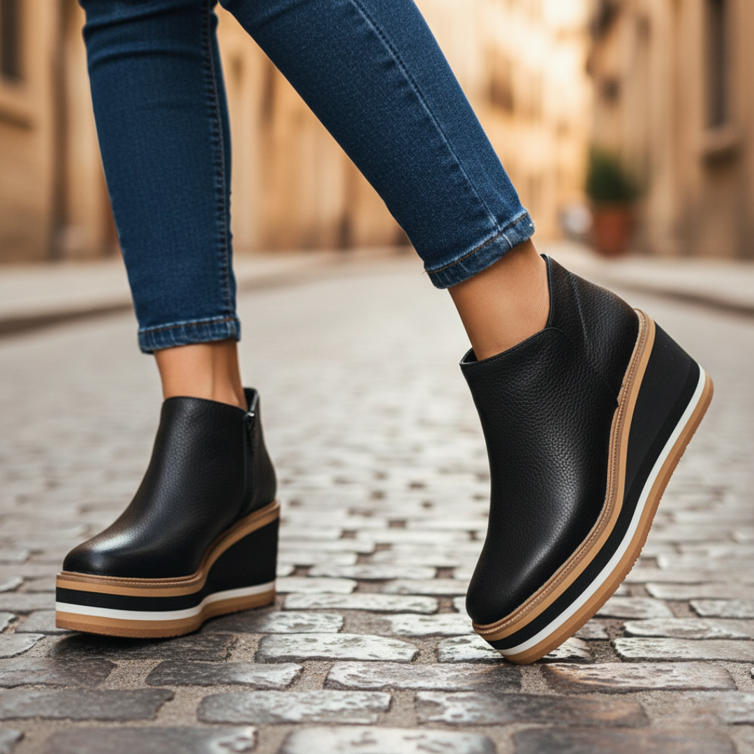 Women's black faux leather ankle boots with side zipper and stable wedge heel for everyday wear