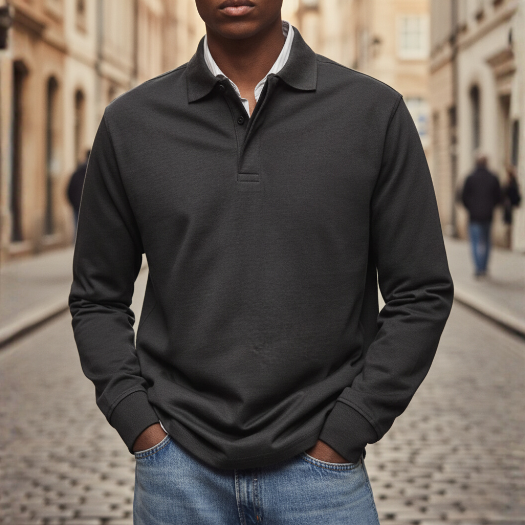 Men's long sleeve polo shirt button collar soft fabric relaxed fit versatile casual staple cooler days