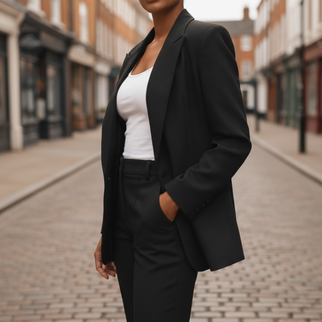 Women's formal suit jacket and pants set, tailored comfort fit, sleek professional two-piece ensemble