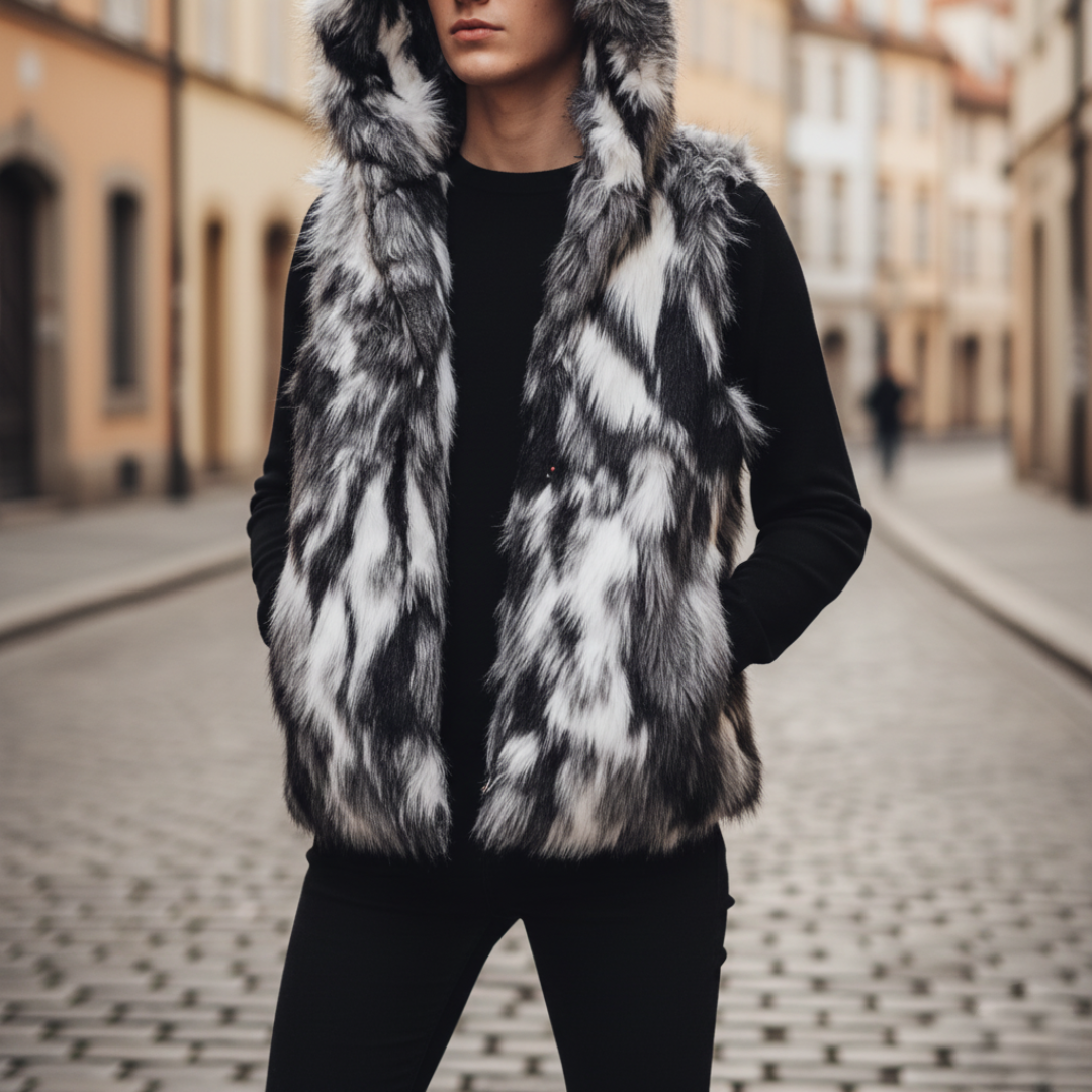Men's synthetic fur hooded vest gray white colorblock front zip warm winter outerwear