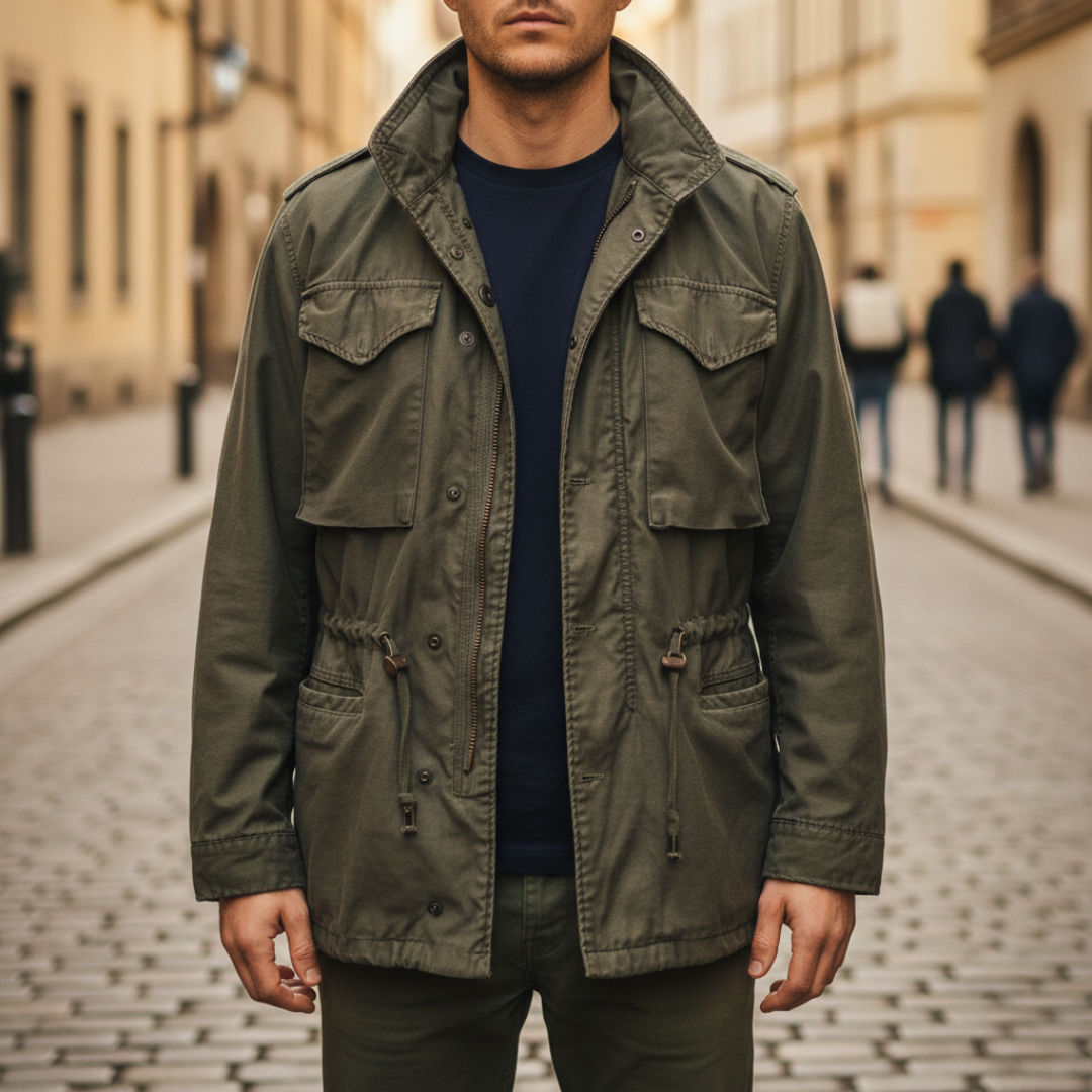 Men's military green jacket with central zipper, front pockets, adjustable drawstrings, casual city style