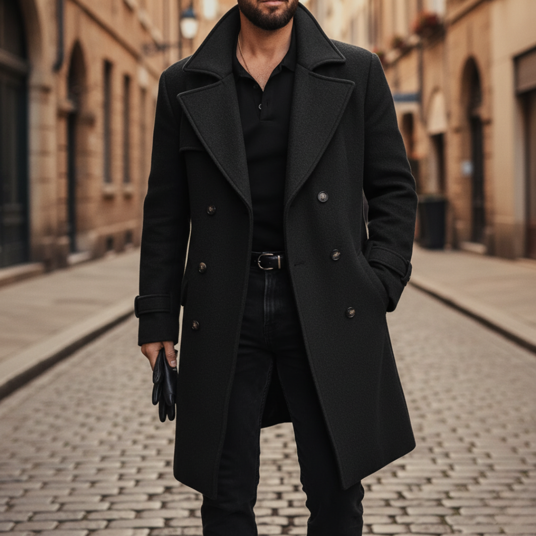 Men's gray wool double-breasted winter coat with thermal insulation for formal and casual wear