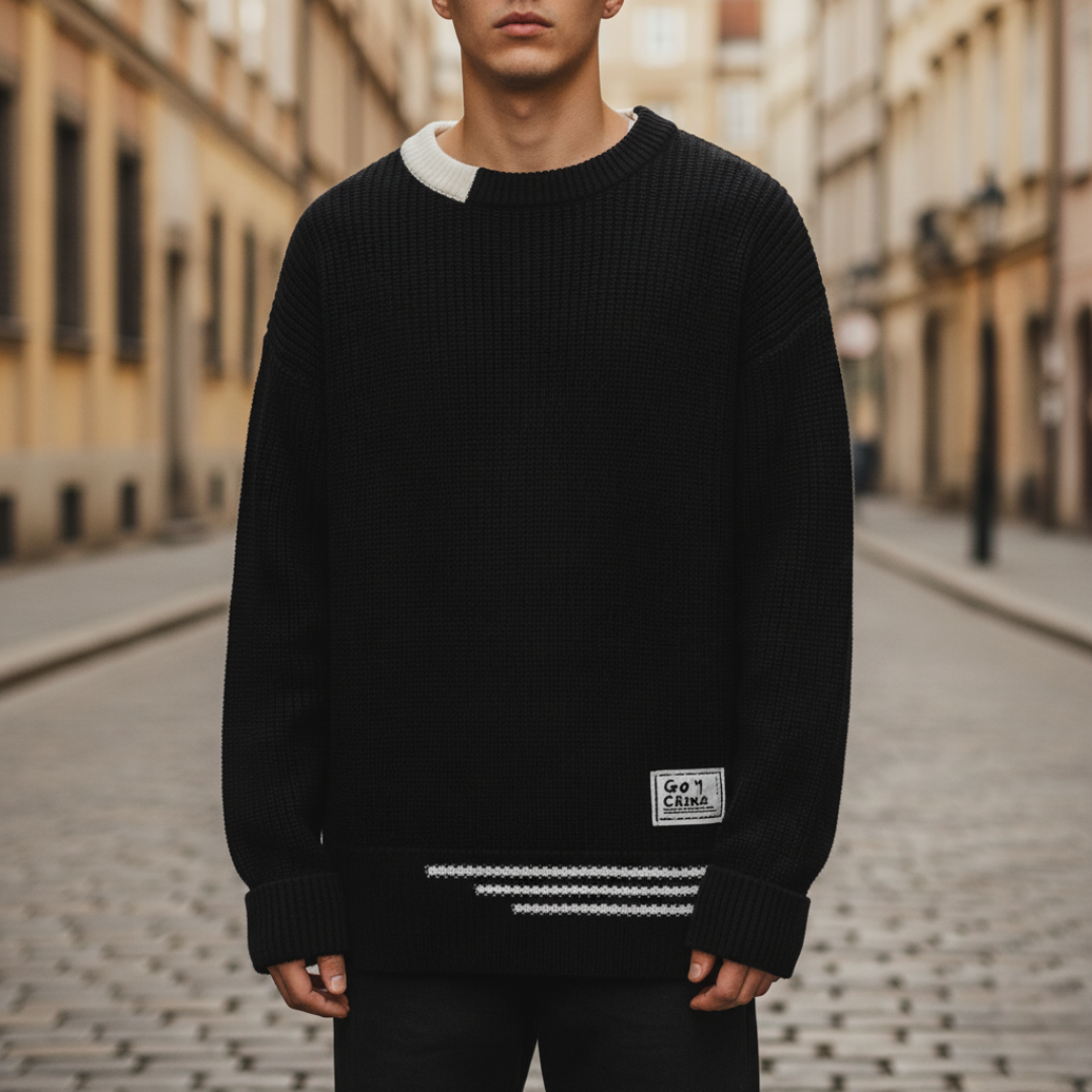 Men's oversized thick knit winter sweater with striped hem, relaxed streetwear silhouette for cold days