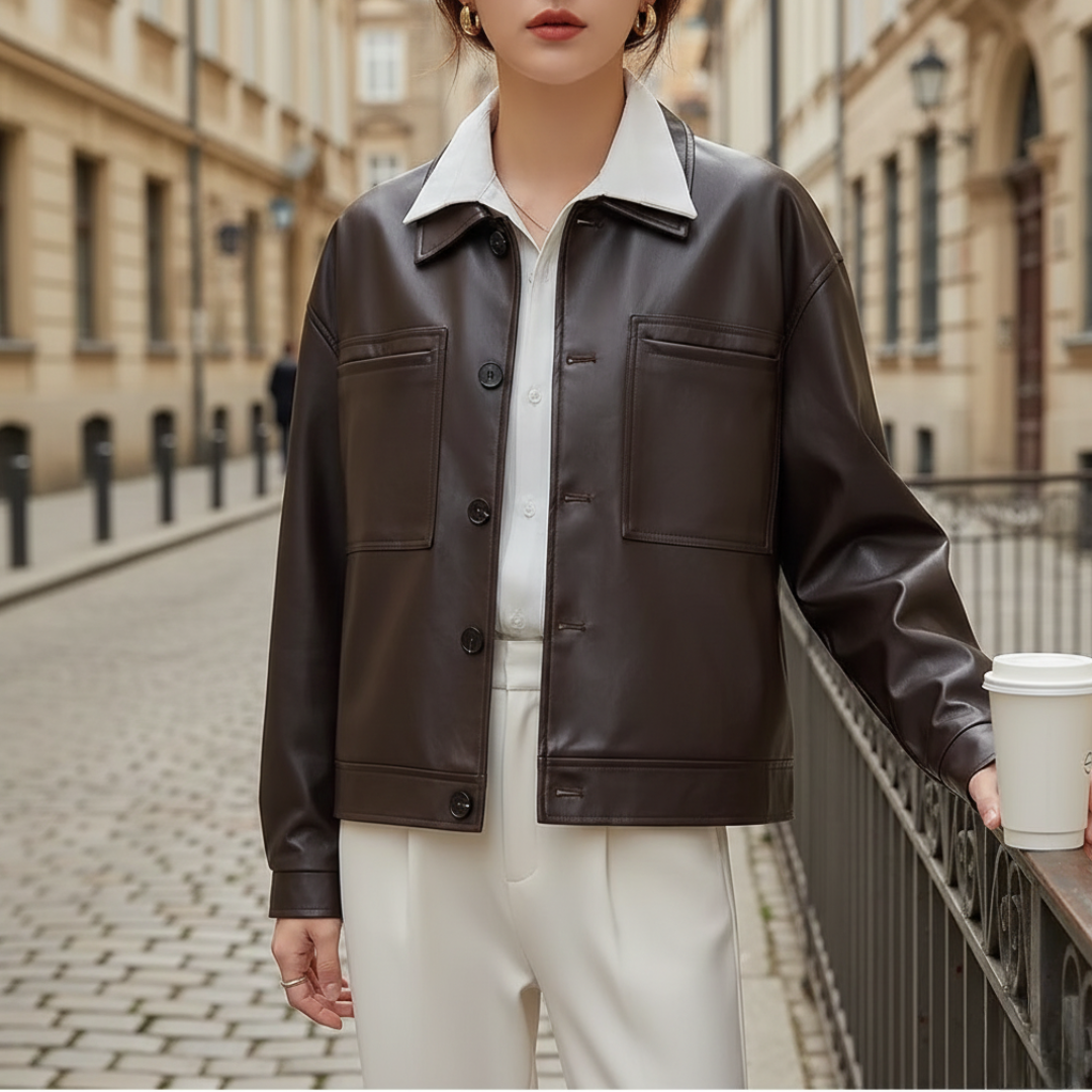 Women's black faux leather jacket button-front closure refined collar casual chic autumn outerwear