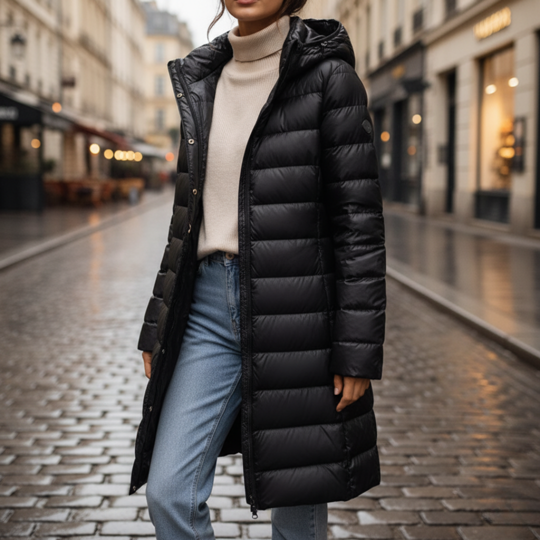 Women's long quilted down jacket with hood, water-resistant winter coat in classic solid color