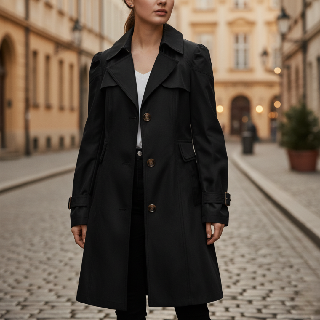 Women's beige trench coat with classic button front, modern cut for versatile work and casual wear
