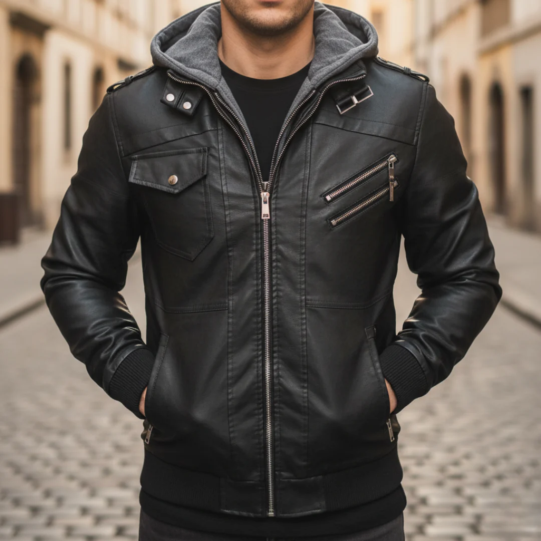 Men's black hooded synthetic leather jacket with durable front pockets and zippers, autumn winter style