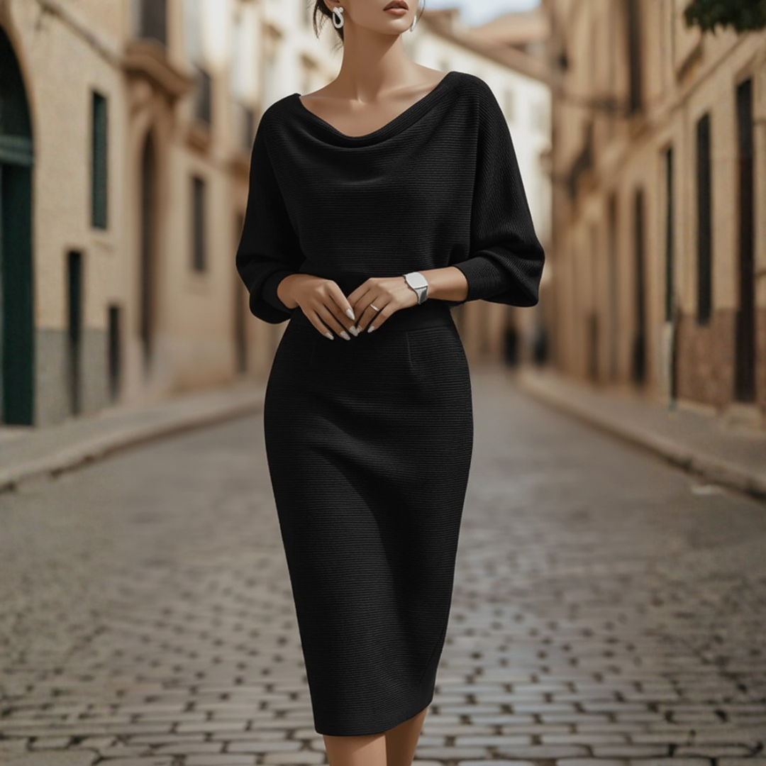 Women's wide neck elegant dress in soft fabric, refined silhouette for work and formal occasions