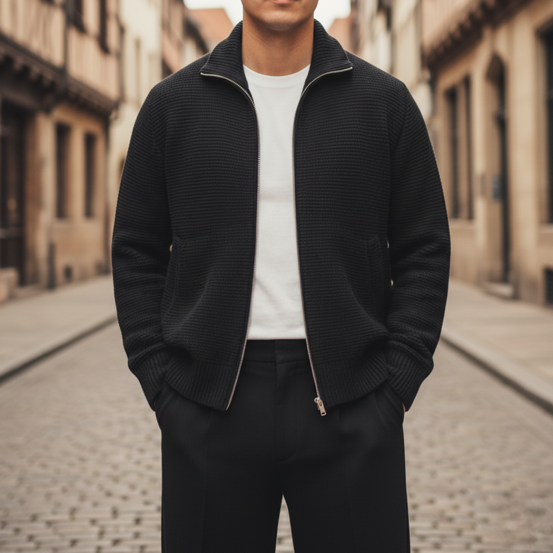 Men's wool knit zip jacket high collar full-zip warm everyday layer modern style