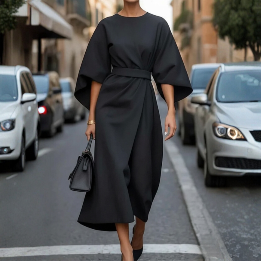 Women's balloon sleeve belted midi dress in elegant versatile colors with waist-defining tie belt