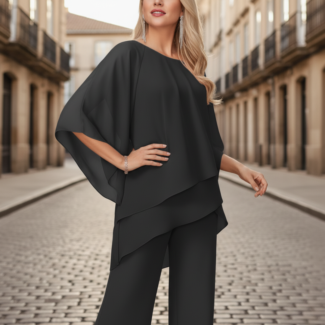 Women's layered top jumpsuit elegant breathable fabric high-waisted pants office-to-evening versatile silhouette