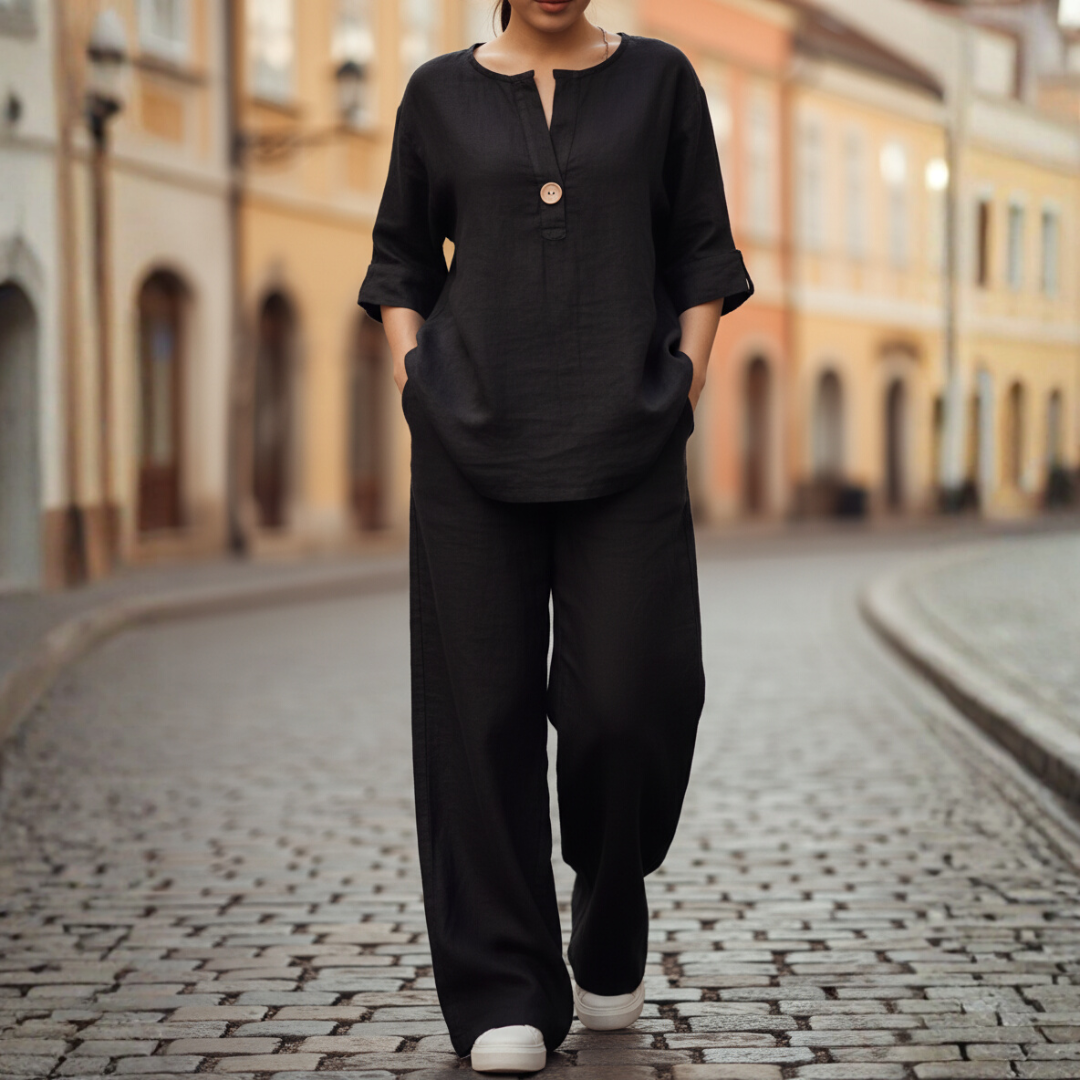 Women's linen co-ord set V-neck top rolled sleeves wide-leg pants breathable lightweight summer outfit