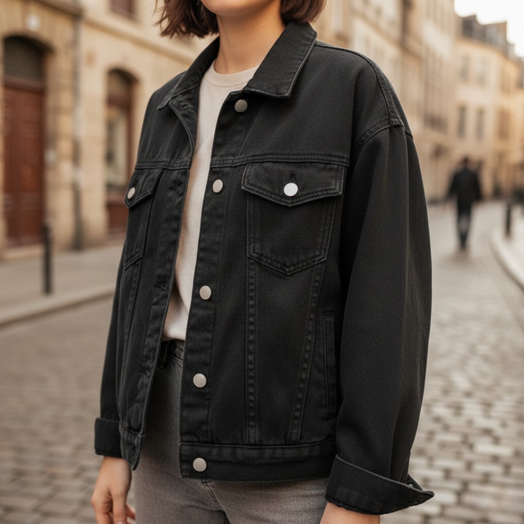 Women's pink denim-style jacket polyester blend with metal buttons and functional pockets