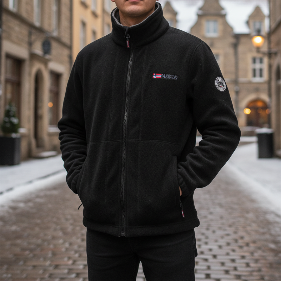Men's full-zip winter fleece jacket in black soft breathable fabric for active outdoor wear