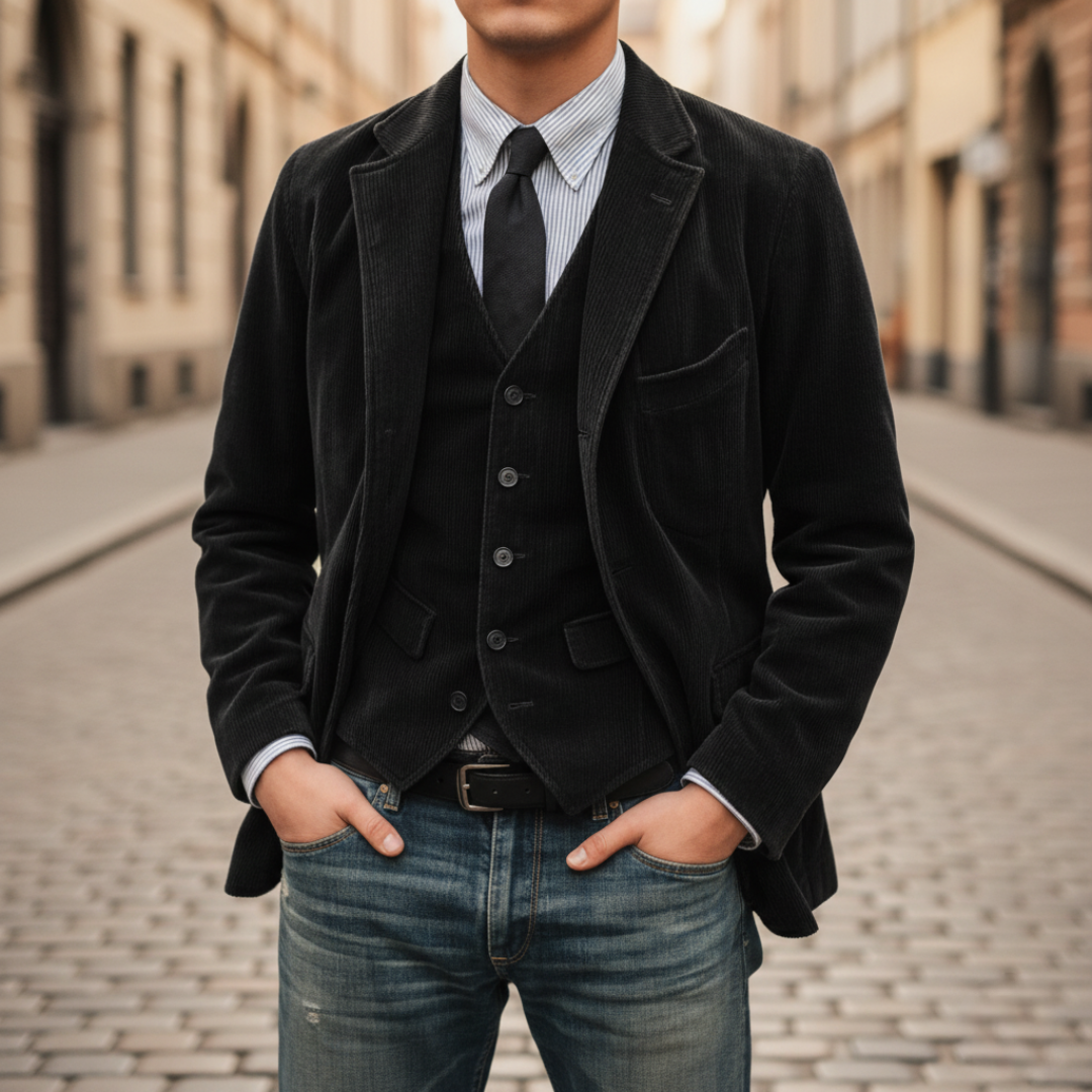 Men's slim fit velvet jacket with matching vest in blue, brown, or green for formal elegance