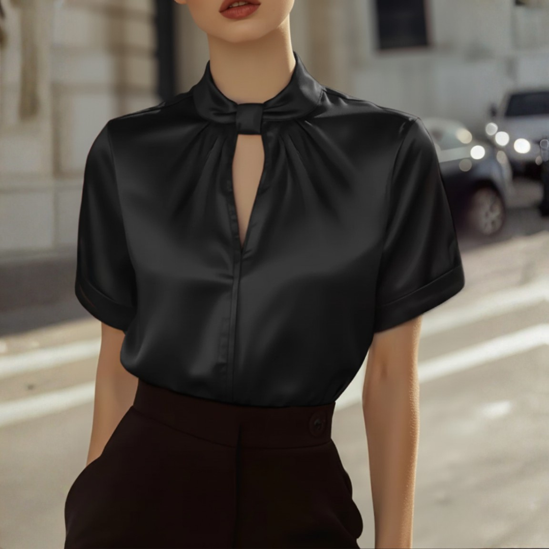 Women's elegant high neck silk-like blouse short sleeves soft shiny finish versatile formal casual