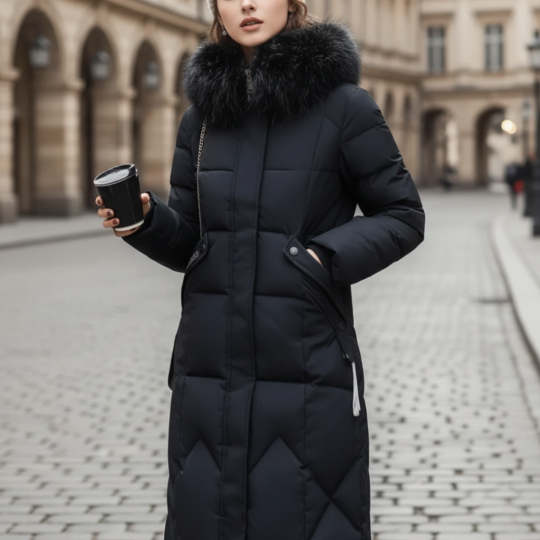 Women's black padded winter jacket with adjustable hood and plush fur collar for cozy elegant warmth