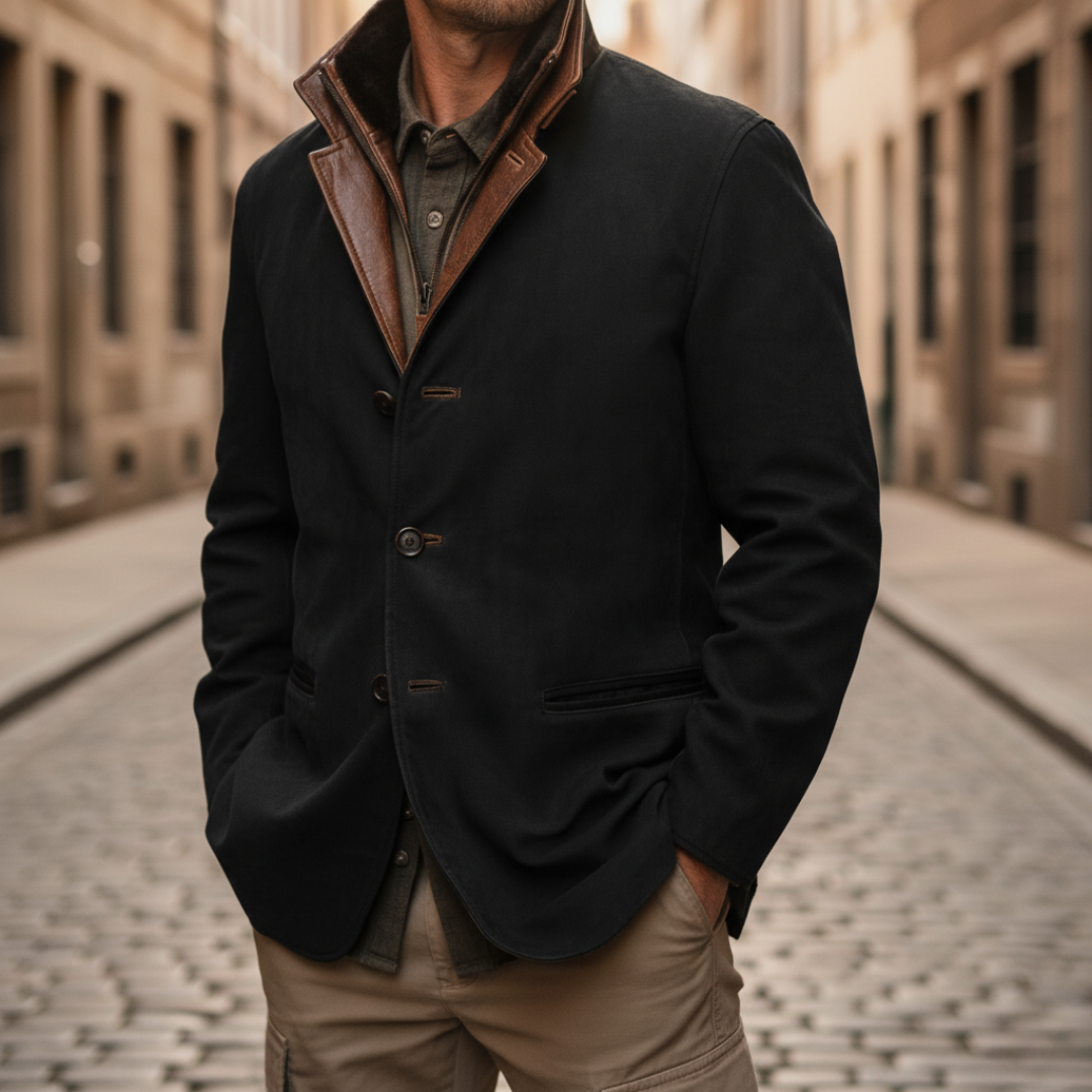 Men's brown suede winter jacket with faux leather collar and internal zipper cold weather style