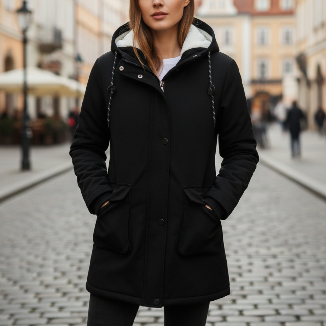 Women's waterproof jacket with adjustable hood, durable all-weather protection in versatile silhouette