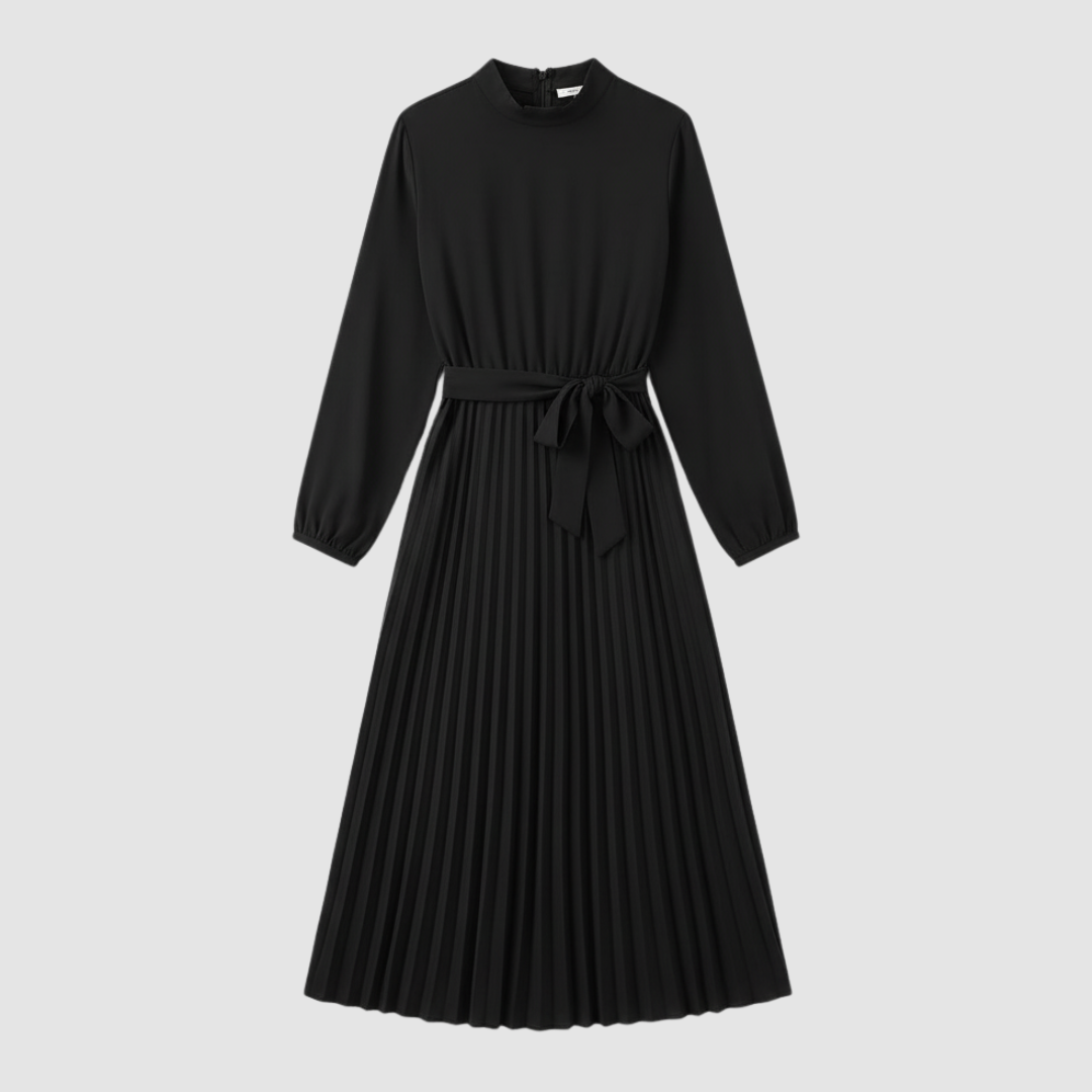Women's long pleated dress with belt, high neckline, long sleeves, elegant formal silhouette
