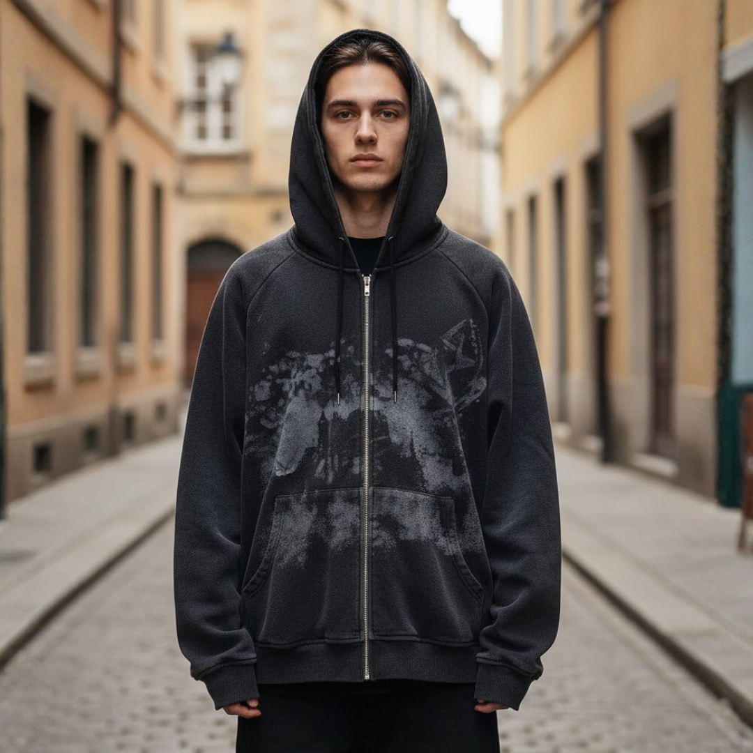 Black gray unisex hoodie with flannel lining, zip-front closure, and adjustable hood for cozy casual wear