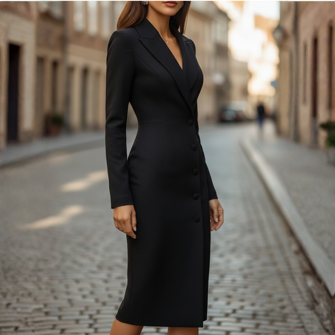 Women's elegant long sleeve formal dress in refined silhouette with front button detail