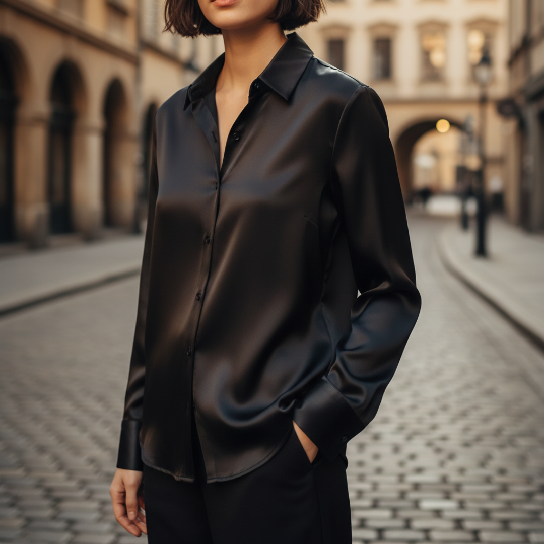 Women's satin button-front shirt in shiny finish with classic pointed collar for elegant officewear
