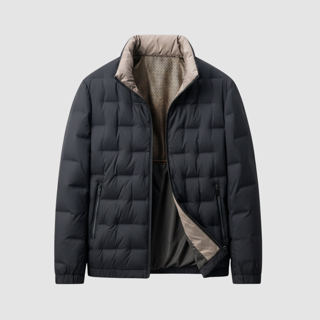 Men's black quilted jacket with front zip closure, pockets, lightweight casual fit