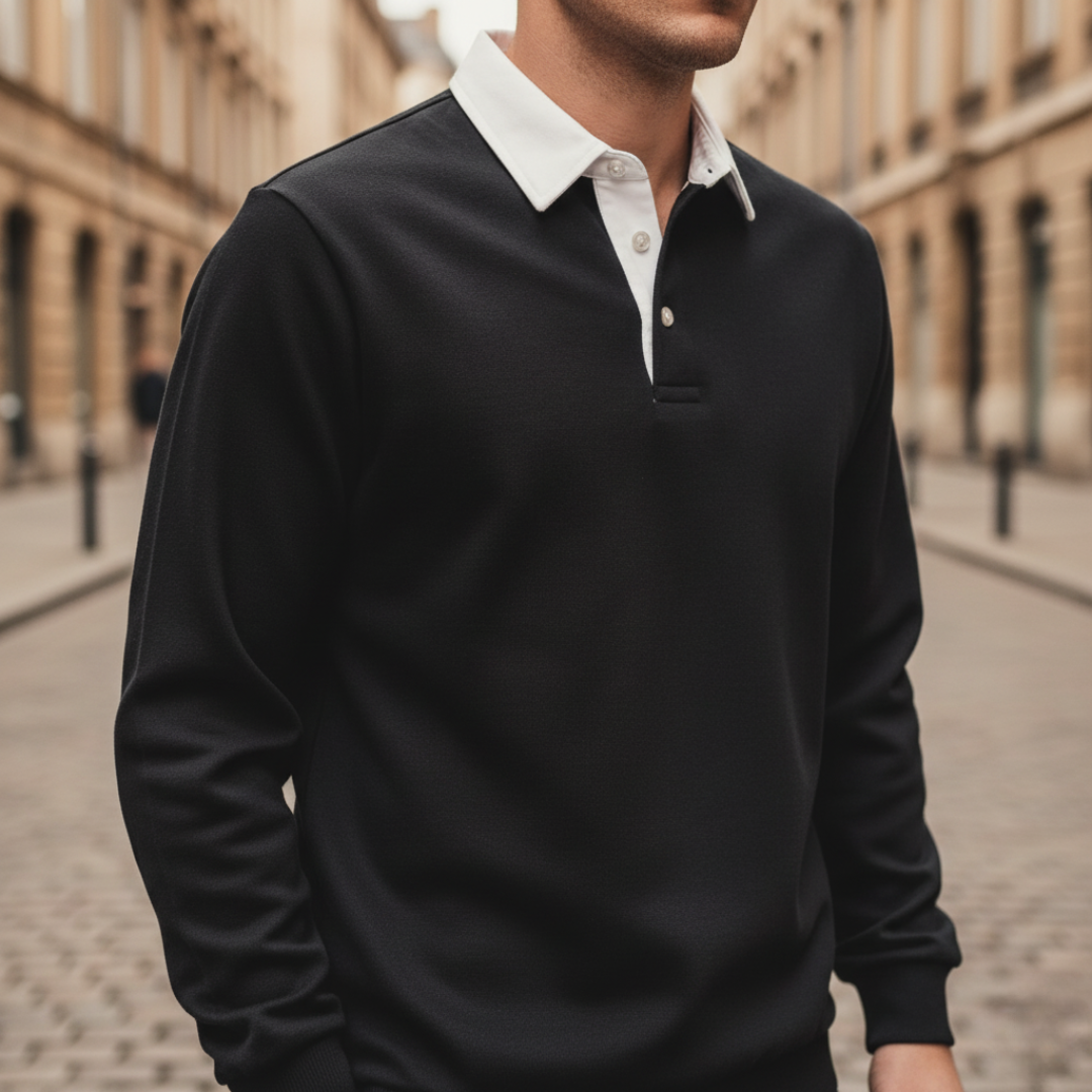Men's navy blue polo sweatshirt soft fabric casual collar relaxed fit everyday versatile style