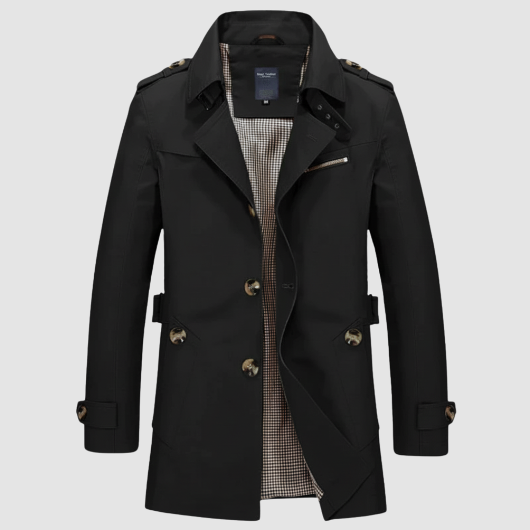 Men's classic beige trench coat regular fit mid-length with signature shoulder epaulets and adjustable cuffs
