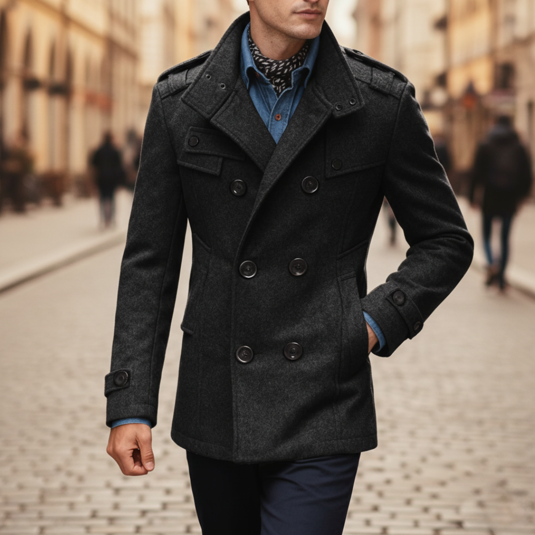 Men's black brown double-breasted polyester coat elegant button-front cold season outerwear