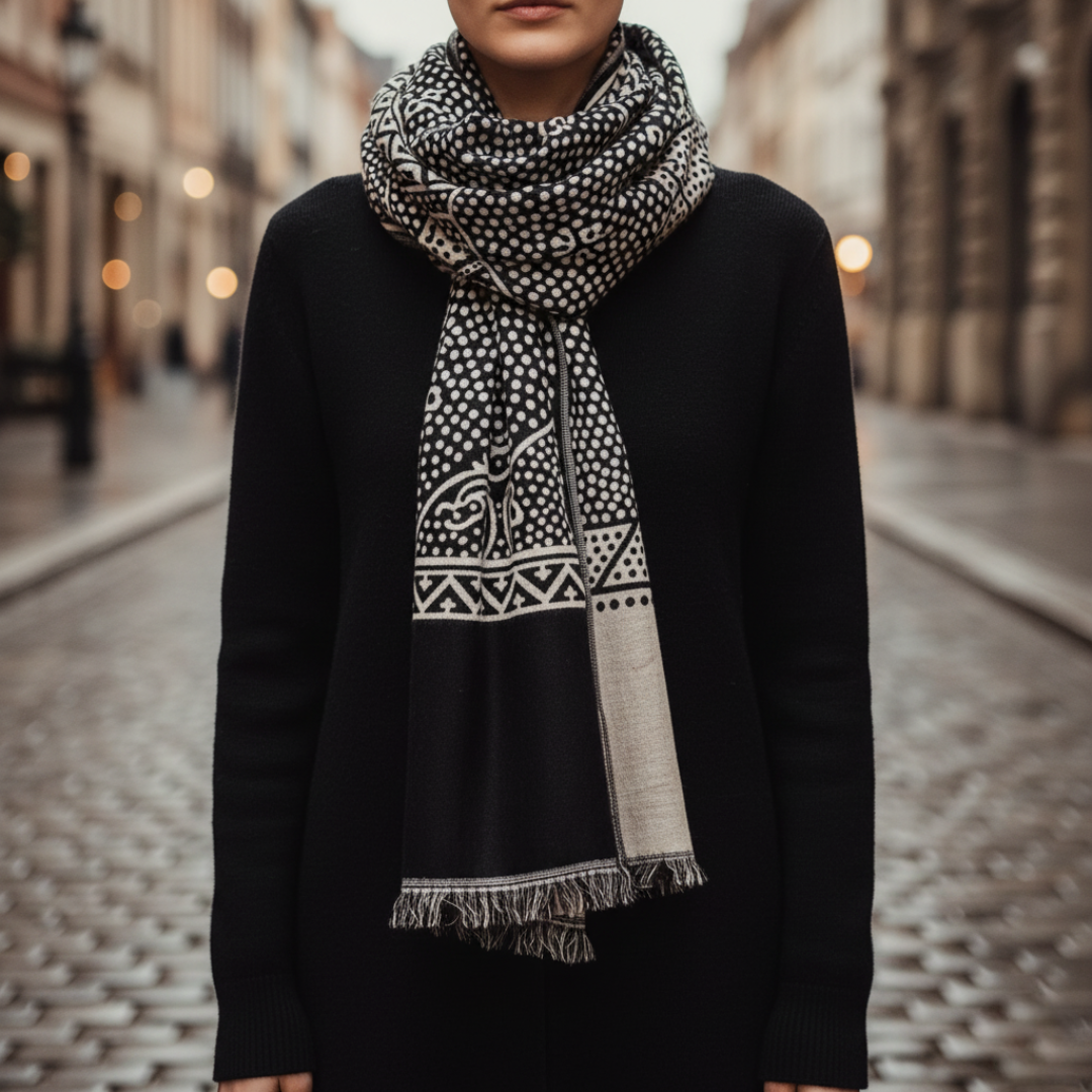Unisex elegant scarf in black, blue, and brown, versatile long wrap for everyday and formal wear